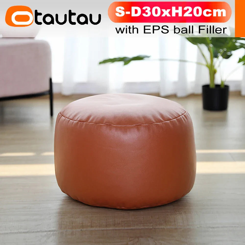 OTAUTAU Small Round Faux Leather Ottoman Stool Beanbag