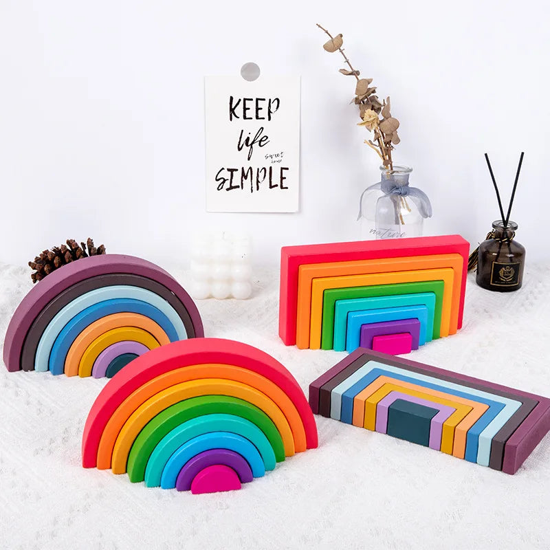 Montessori Wooden Rainbow Stacking Game,Eight Layers Square/Arch Colorful