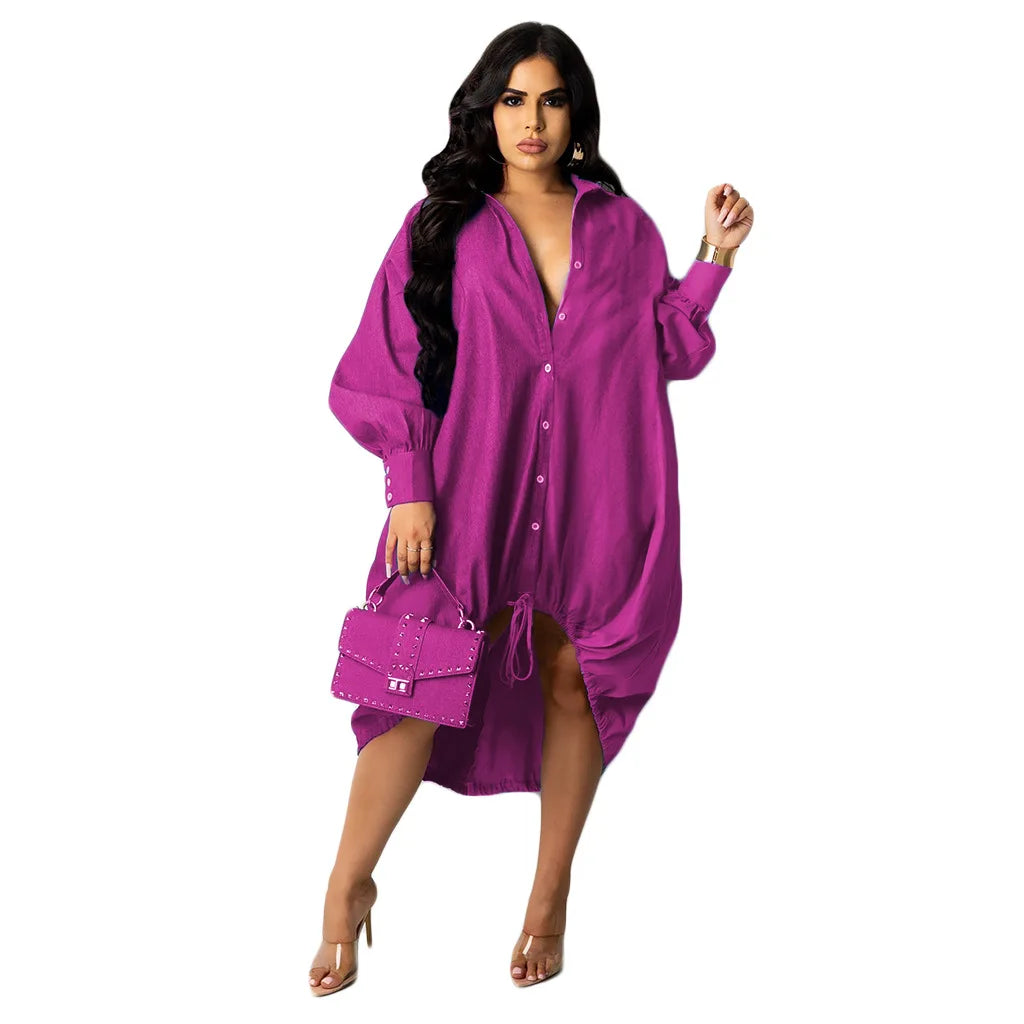Plus Size dresses Drawstring Patchwork Shirt Dress Fashion