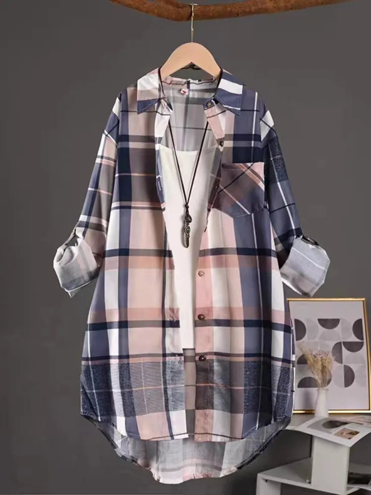 Plus Size Cotton Mid Length Plaid Print Women