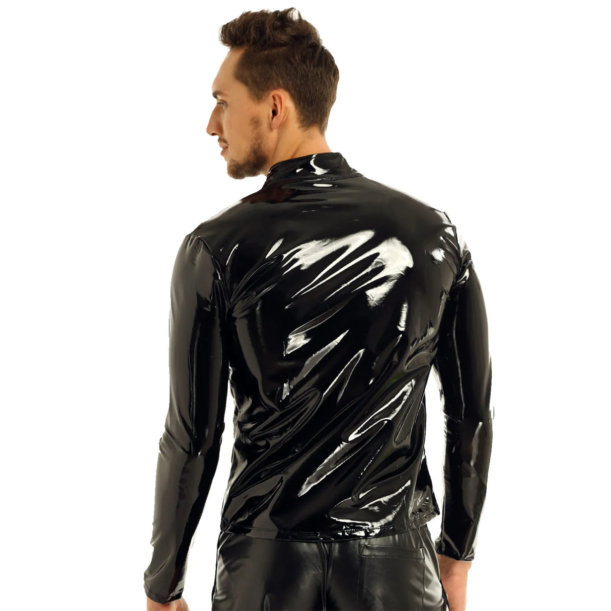 Men Wet Look Patent Leather Coat Long Sleeve