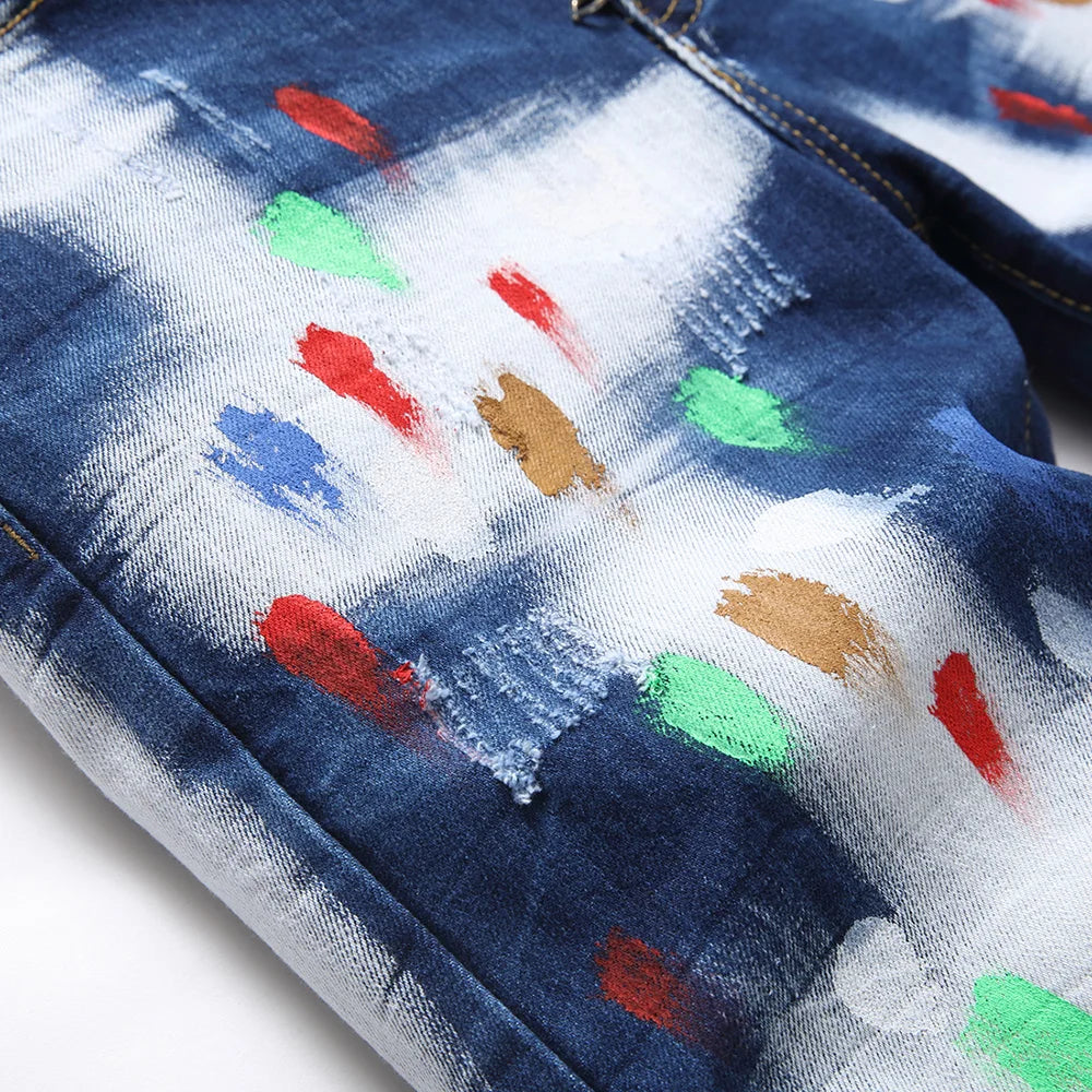 Men Painted Ripped Jeans Streetwear Stretch Denim Slim