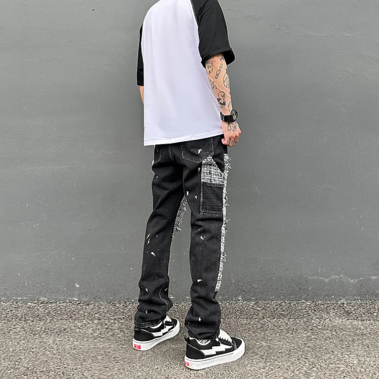 Black White Checkered Patchwork Straight Leg Denim Trousers