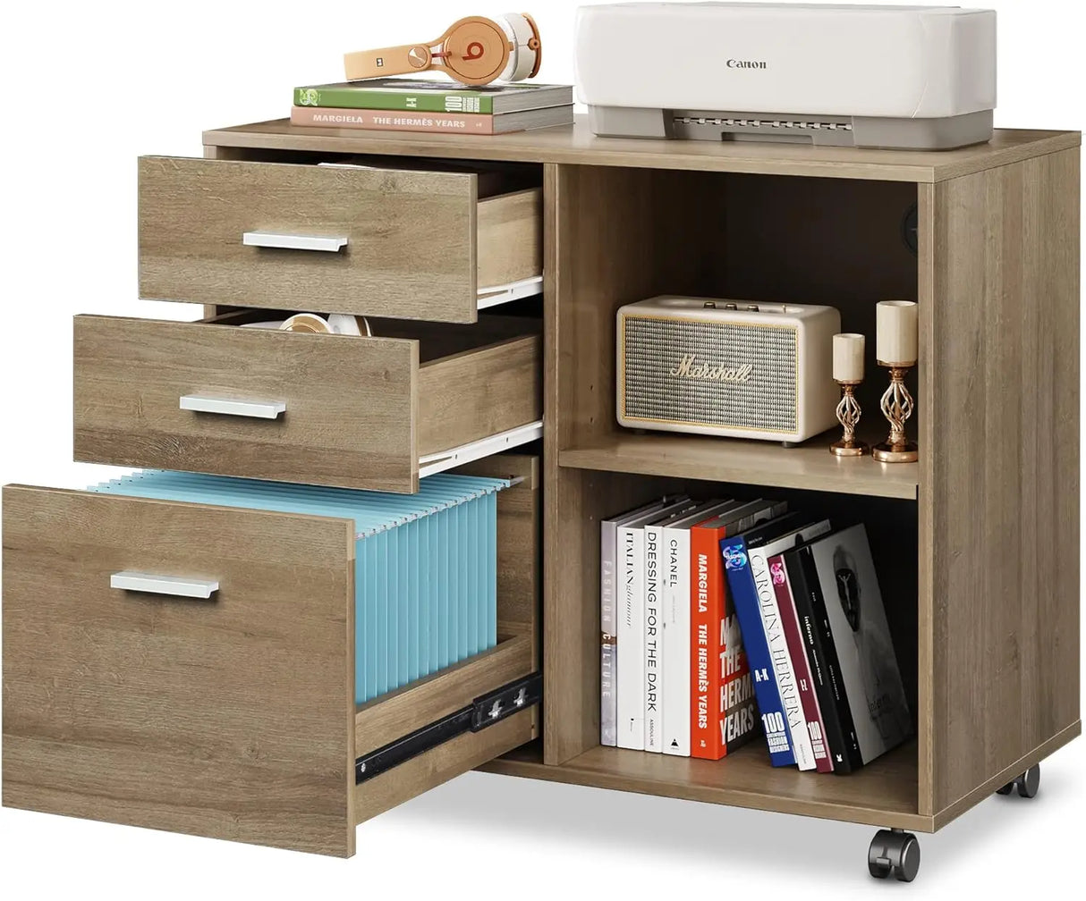 3-Drawer Wood File Cabinet, Mobile Lateral Filing Cabinet,