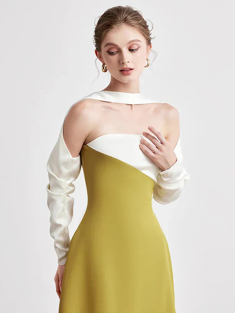 DEAT Elegant Dress Strapless Off Shoulder Contrast Color