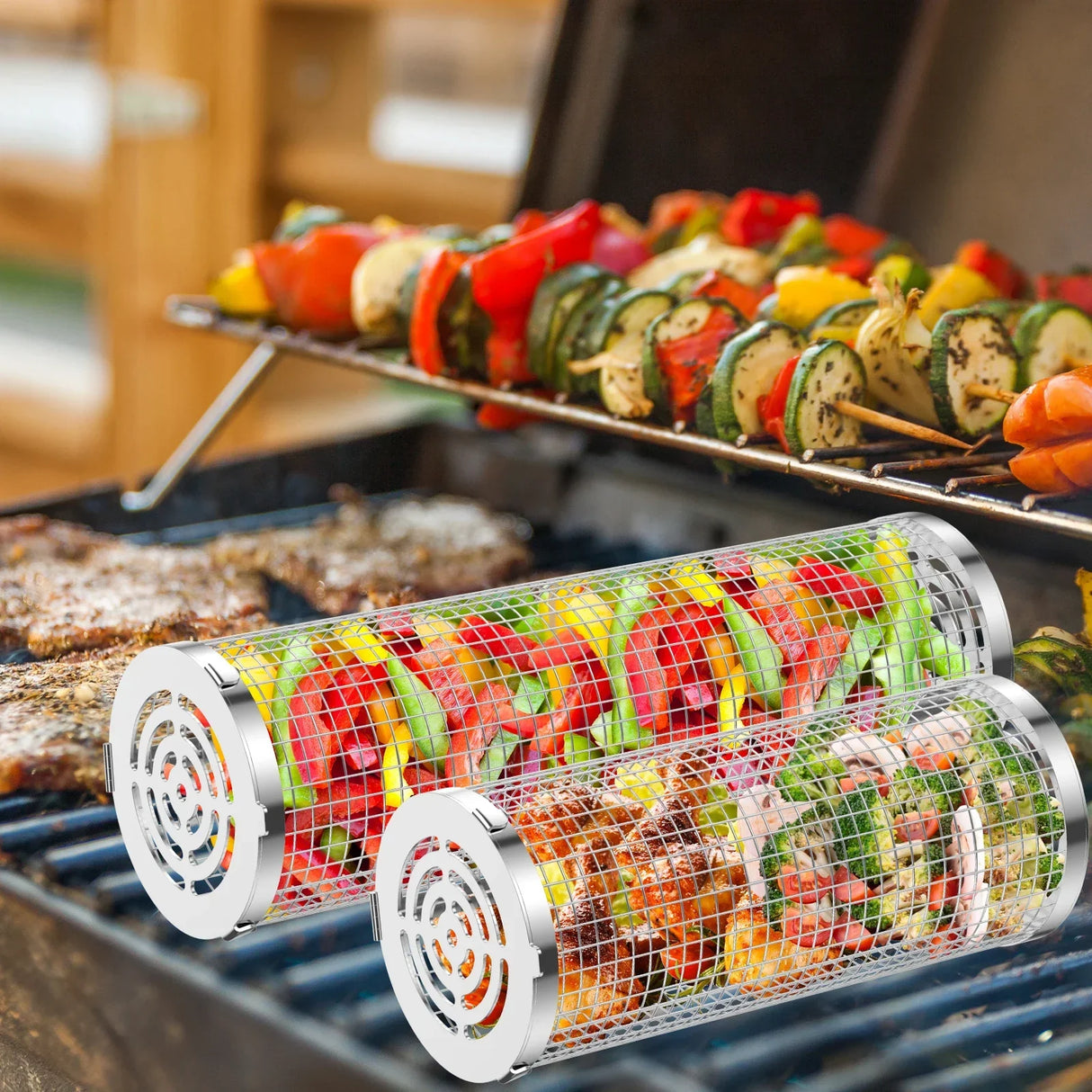Stainless Steel BBQ Grill Basket Set Cylinder Barbecue