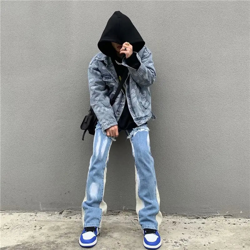 2023 Y2K Patchwork Washed Blue Baggy Flare Jeans