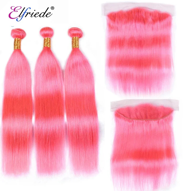 Elfriede #Pink Straight Colored Hair Bundles with Frontal