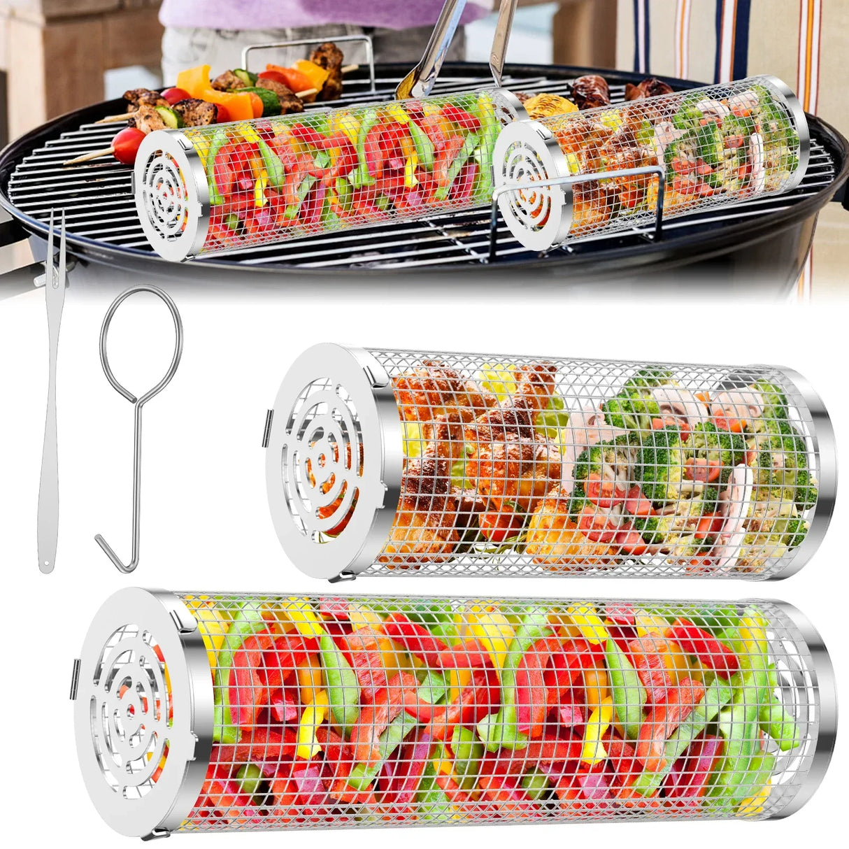 Round Rotisserie Basket BBQ Stainless Steel Mesh Barbecue