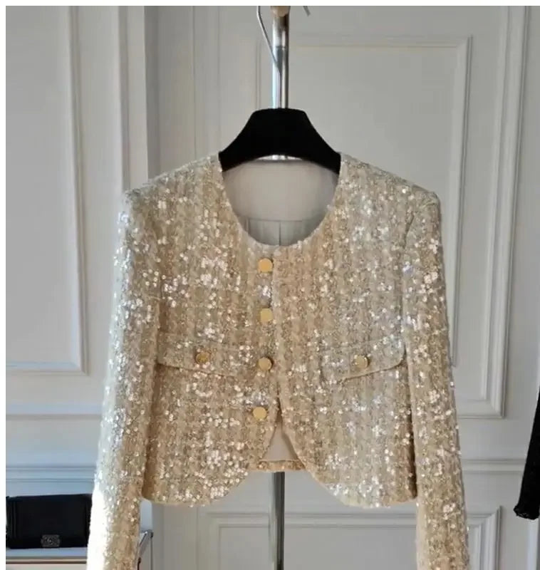 KUSAHIKI Elegant Chic Blingbling Sequins Short Coat 2023