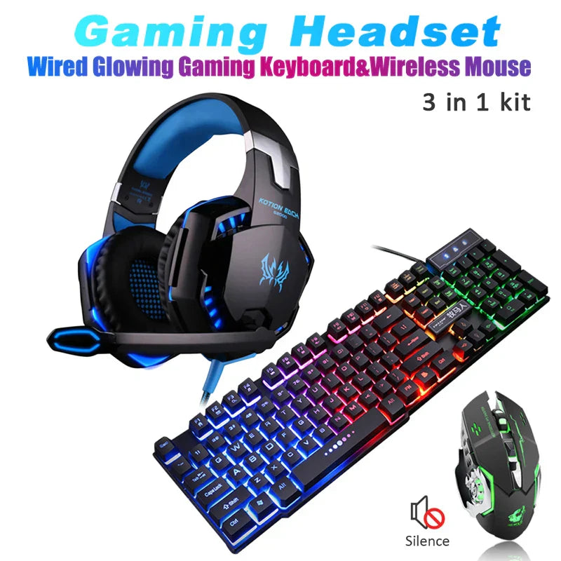 Gaming Wired Keyboard + Wireless Mouse+ Gaming Headset