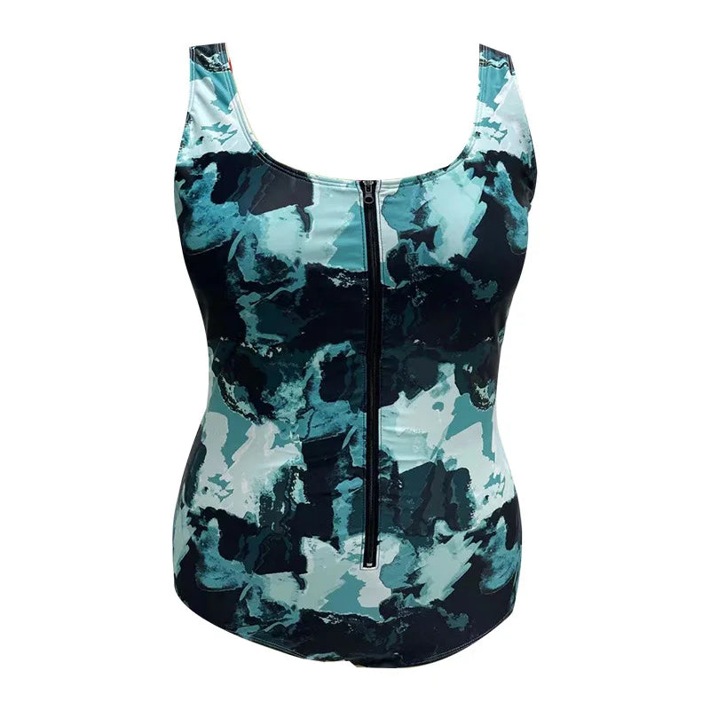 Plus Size Swimsuit One Piece Zipper Front Military