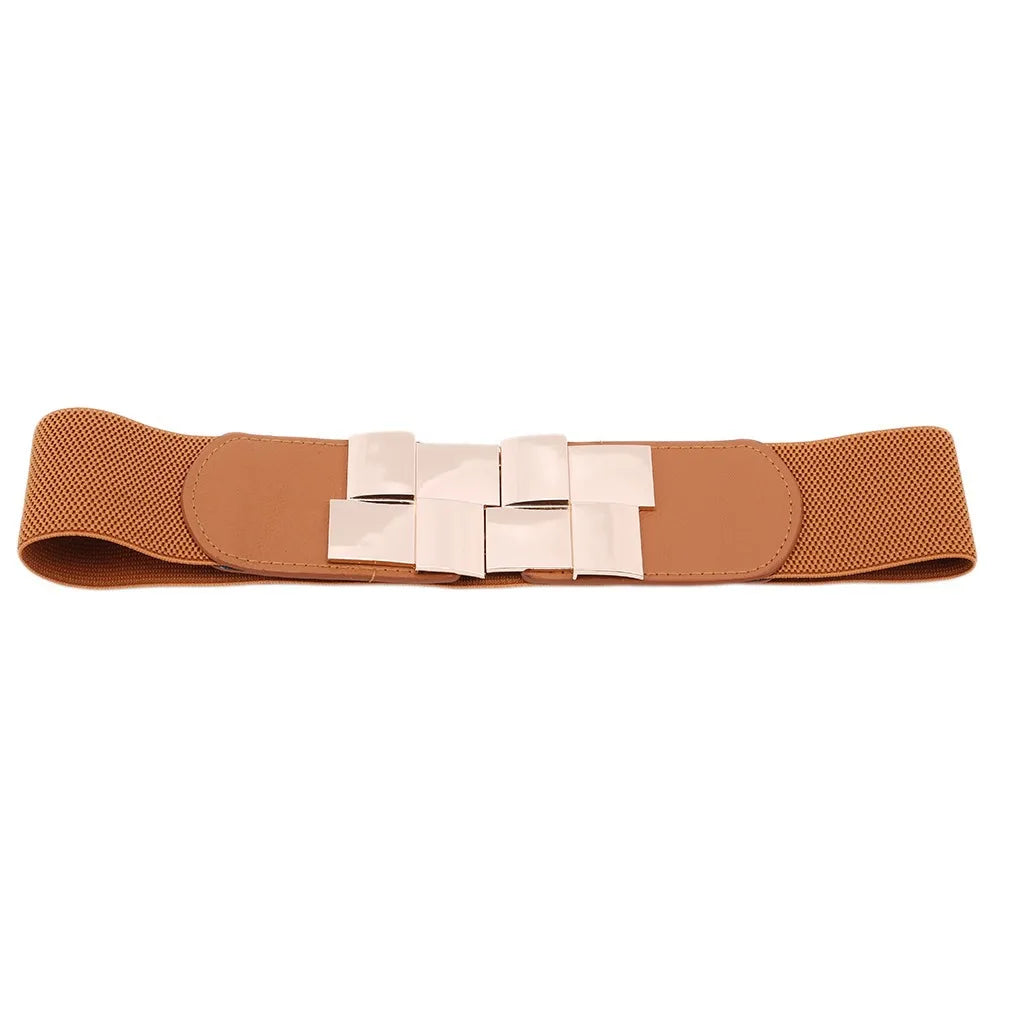 New Women Elastic Waist Closure Wide Belt Gold