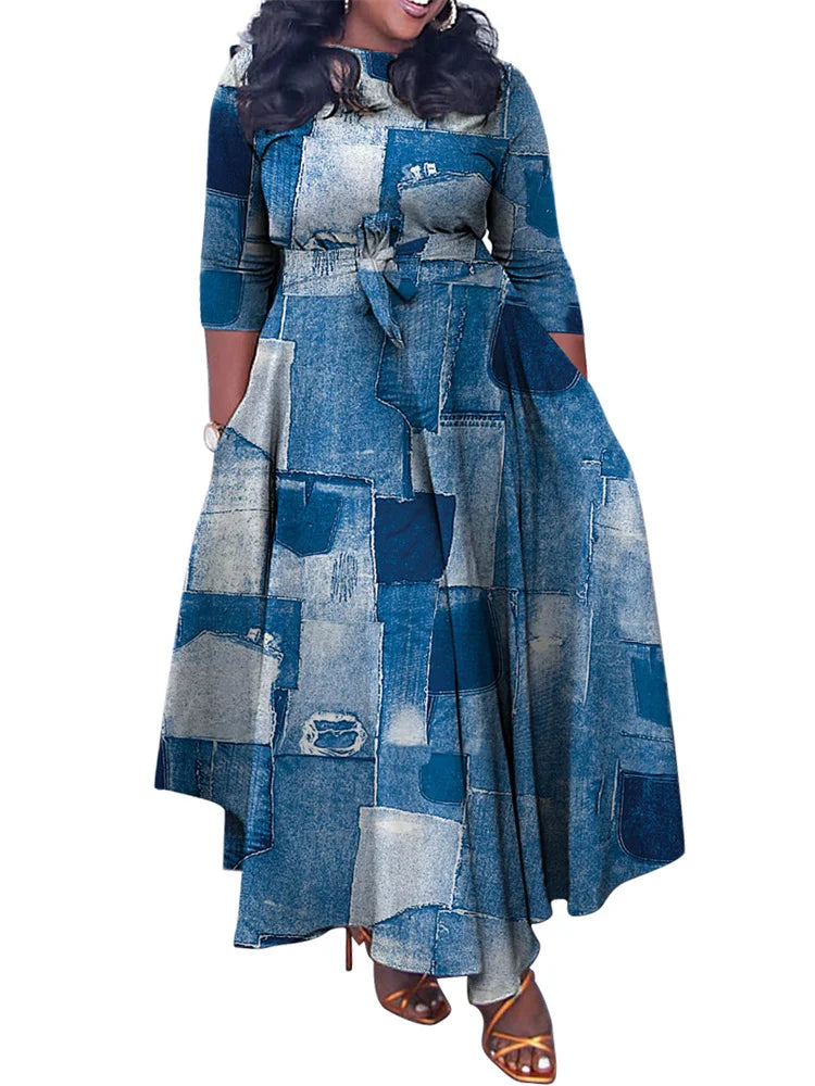 Wmstar Plus Size Women Dress Printed Fashion Maxi