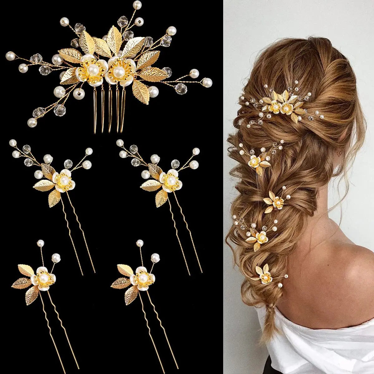 Pearl Flower Hairpin Side Comb Golden Leaf Shaped