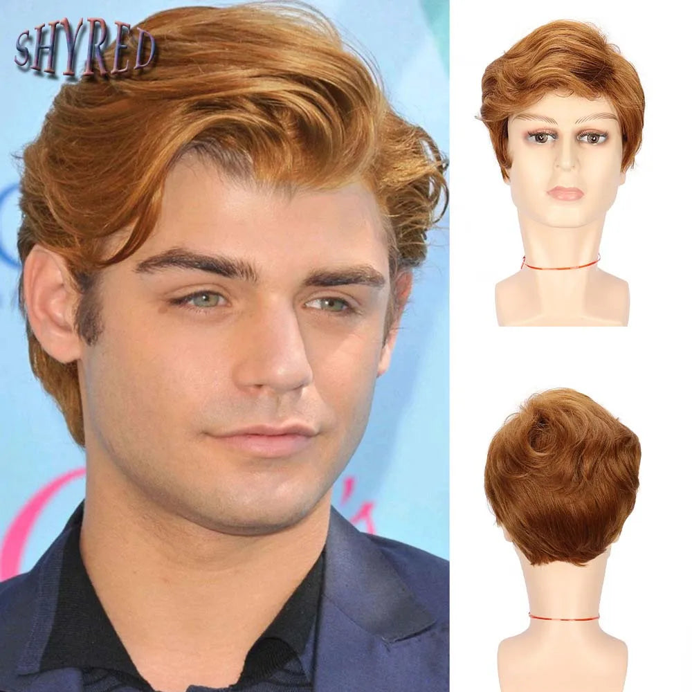 Synthetic Men's Wig Curly Short Golden Yellow Hair