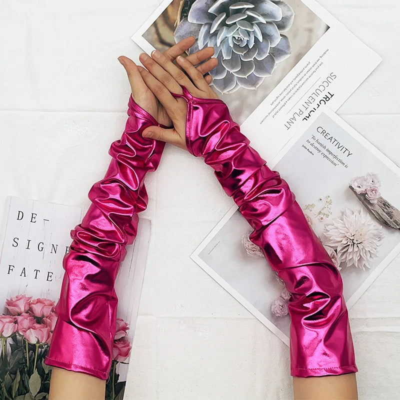 Halloween Lacquer Leather Hook Finger Long Gloves Cosplay