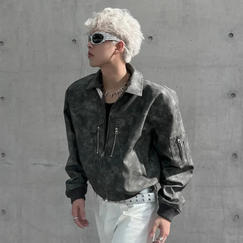 Mens Cropped PU Leather Jacket Fashion Turn-down Collar