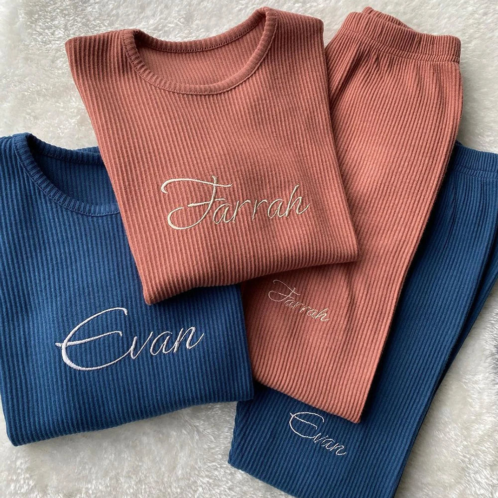 2024 Custom Toddler Kids Ribbed Knitting Pajamas Solid