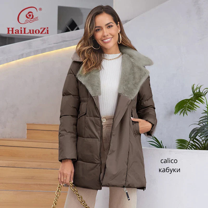 HaiLuoZi 2023 New Women's Jacket Short Warm Hooded