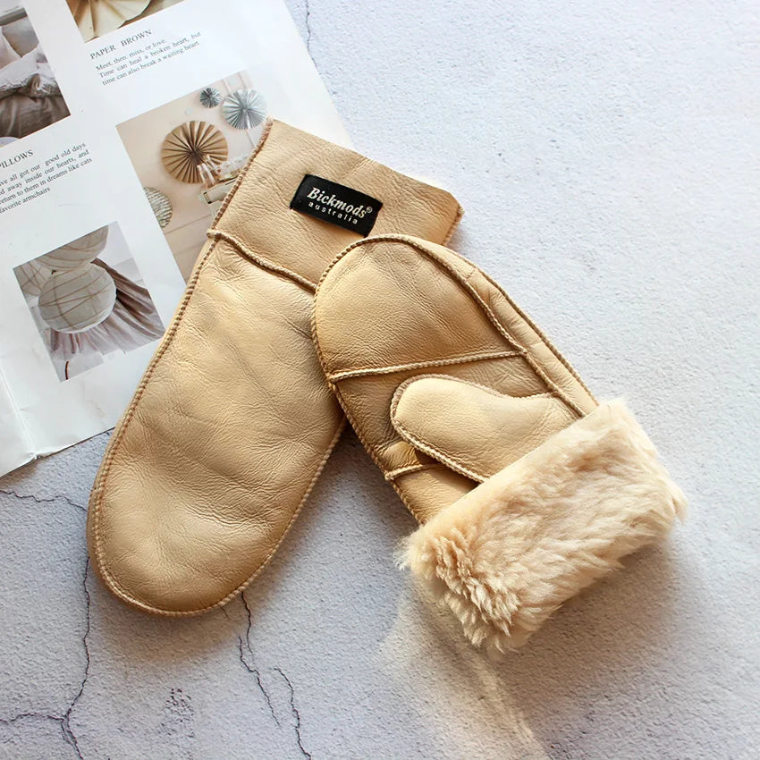 Sheepskin Fur Mittens Women's Leather Wool Color Winter