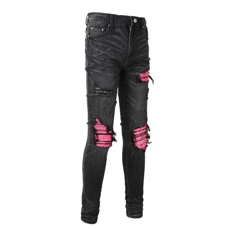 Men Cracked Leather Patch Biker Jeans Streetwear Pleated