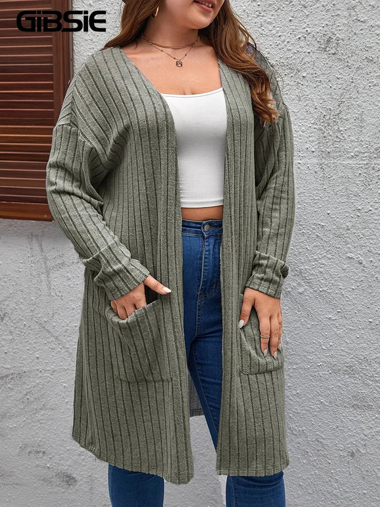 GIBSIE Plus Size Solid Rib Knit Open Front