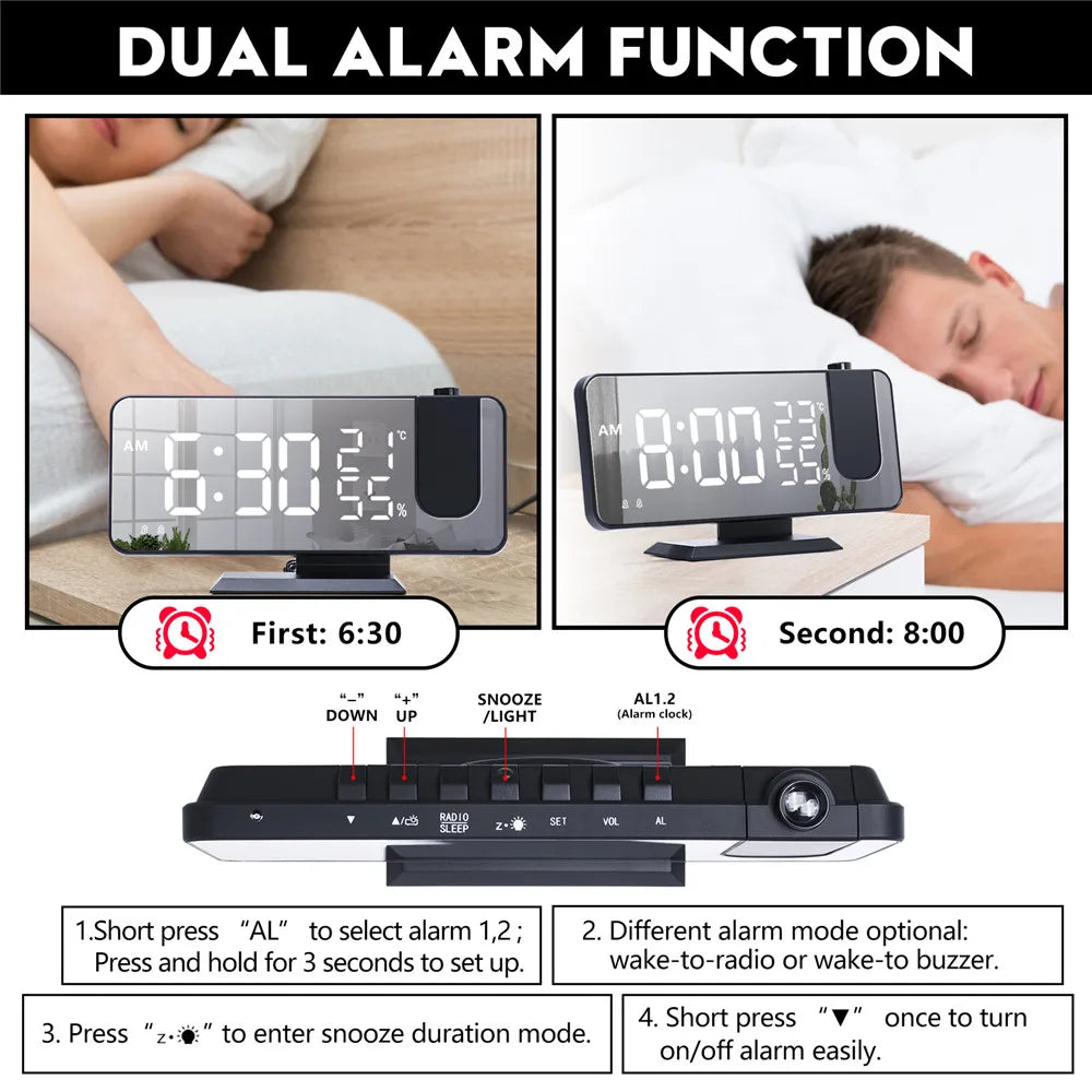 FM Radio Digital Alarm Clock Temp Humidity with 180° Time Projector Electronic Table Clock 12/24H Snooze Projection LED Clock