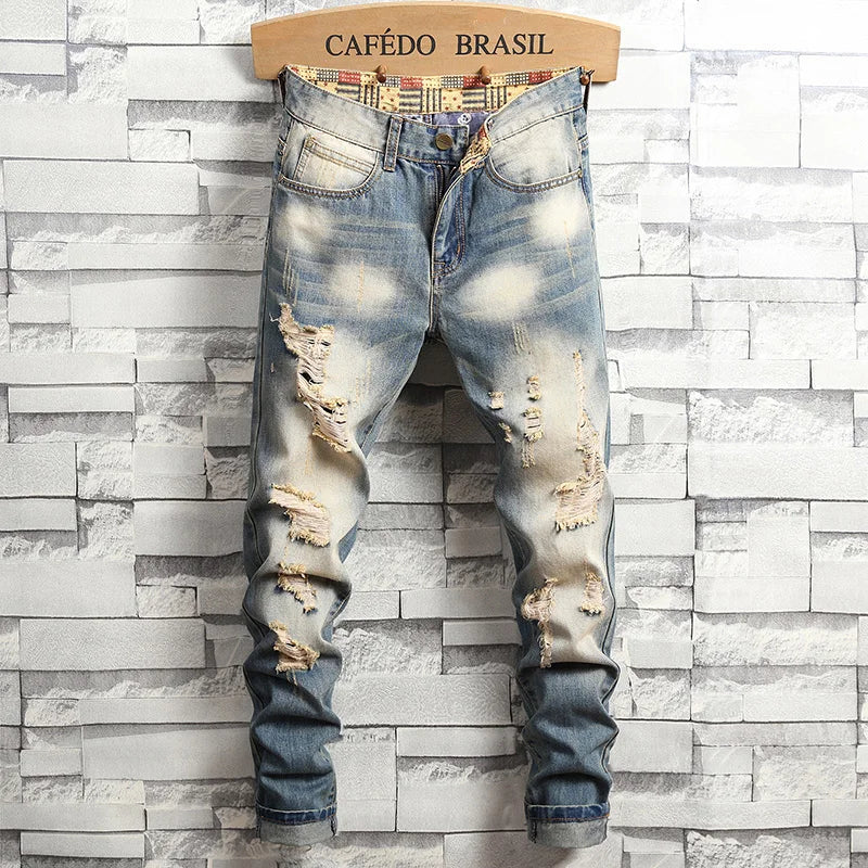 Distressed Ripped Jeans Men's Retro Blue Fashion Slim
