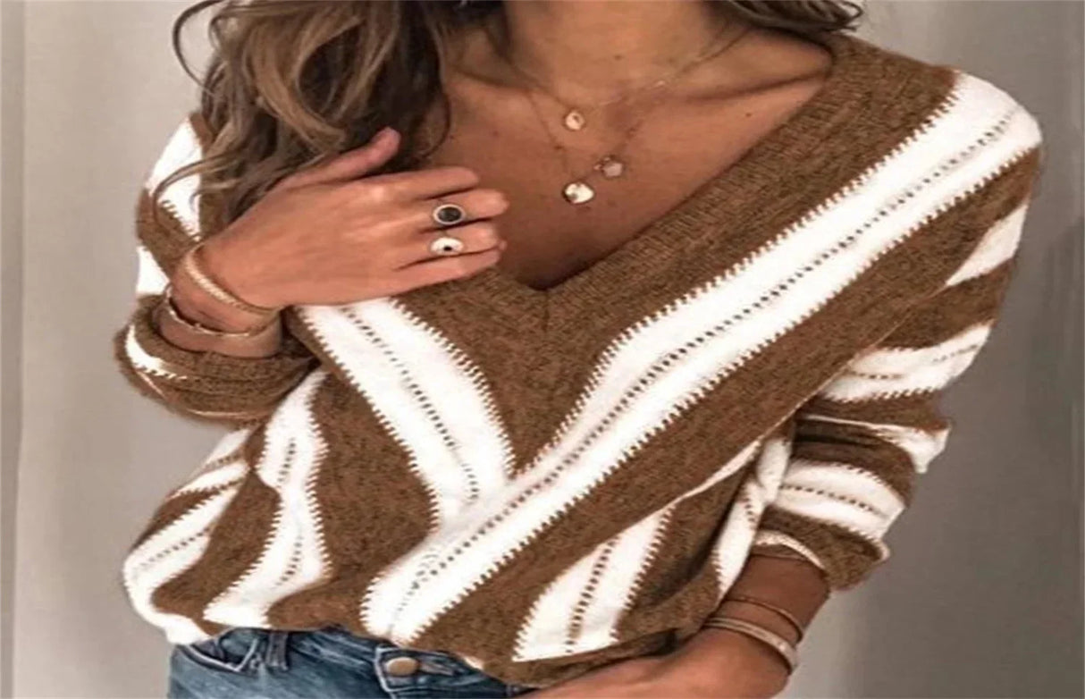 Fashion V Neck Striped Knitted Women Sweater Oversized
