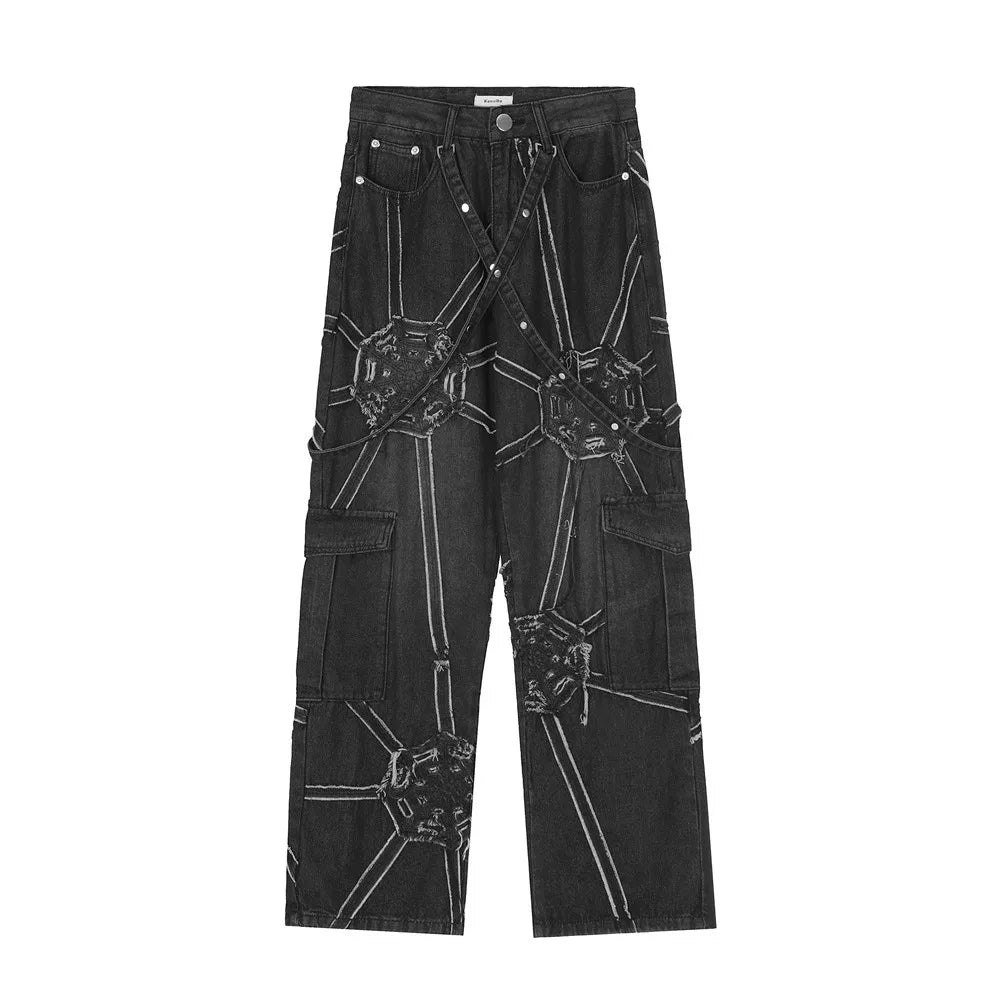 Vintage Gear Patch Punk Jeans High Street Spiderweb
