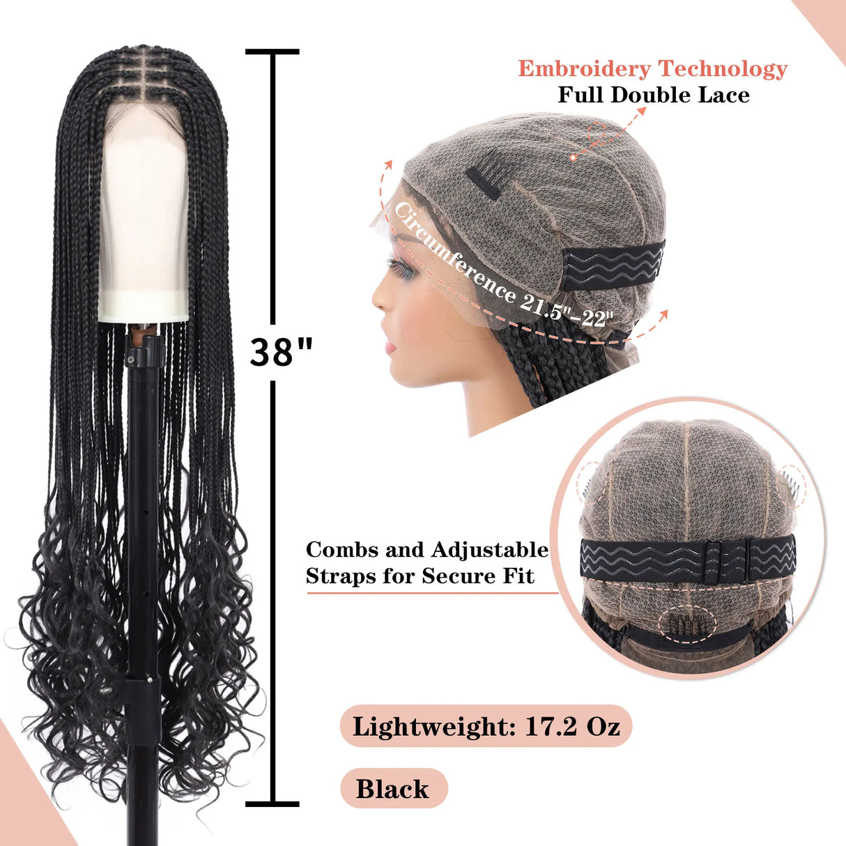 Kaylss 38‘’ Full Double Lace Front Knotless Box Braided Wigs with Baby Hair Super Long Braids Wig With Curls Ends