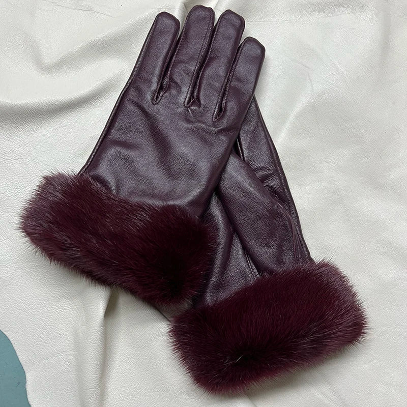 Real Sheepskin Fox Fur Gloves Women's Genuine Leather