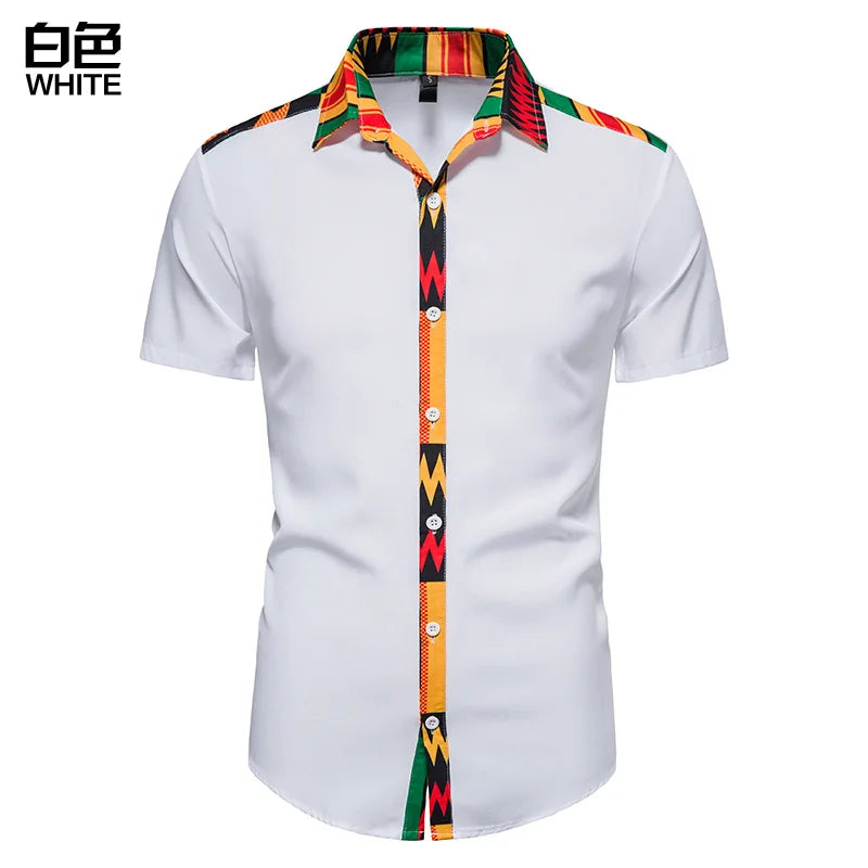 African Kente Print Shirt Short Sleeves Summer Men's