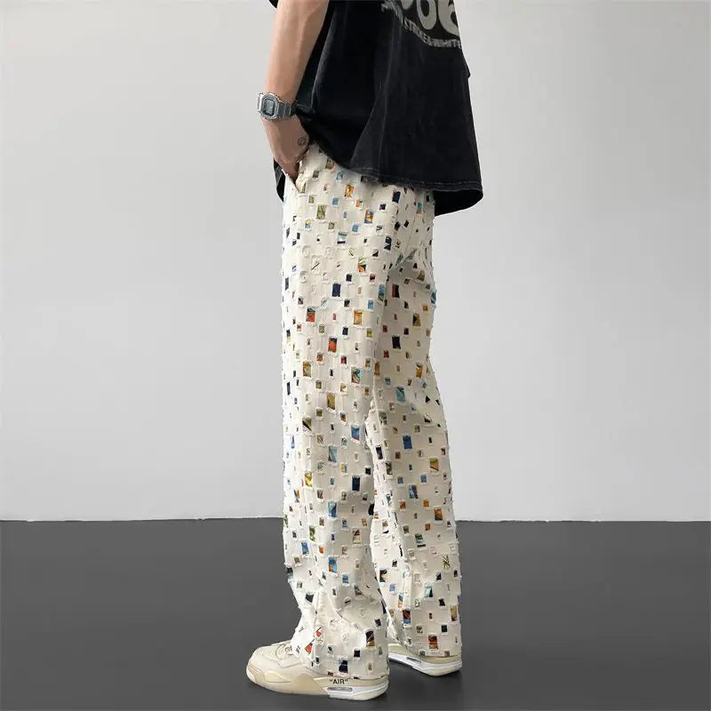 Hollow design floral pants men American retro trendy