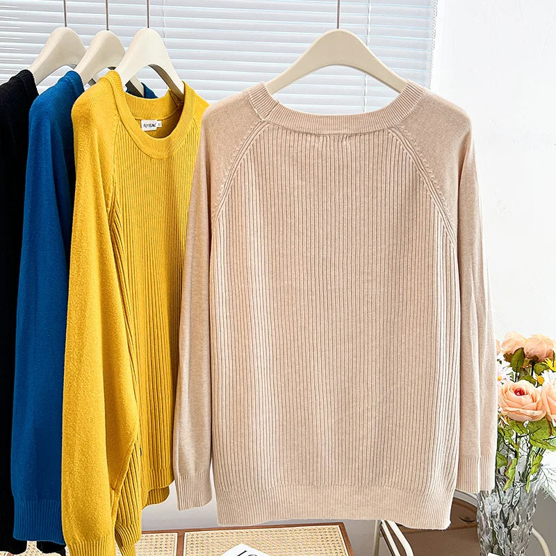 Simple Label Hem Slit Knit Sweater Womens Plus