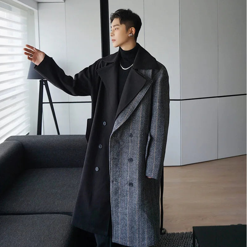 NOYMEI Autumn Winter Patchwork Korean Style Men's Trench