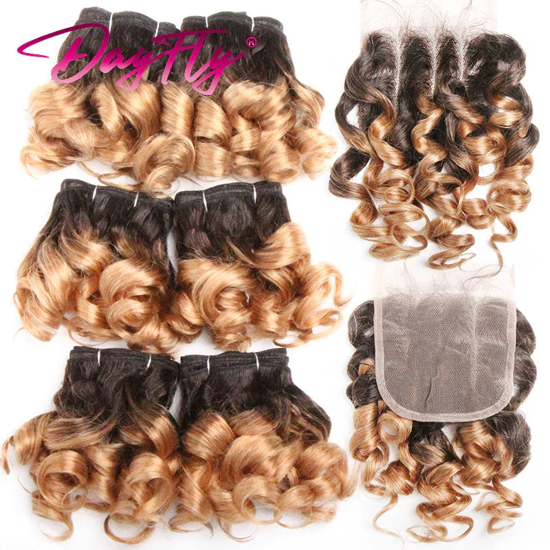 6+1/Lot Brazilian Hair Weaving With Closure Ombre Bouncy