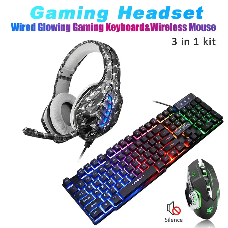 Gaming Wired Keyboard + Wireless Mouse+ Gaming Headset