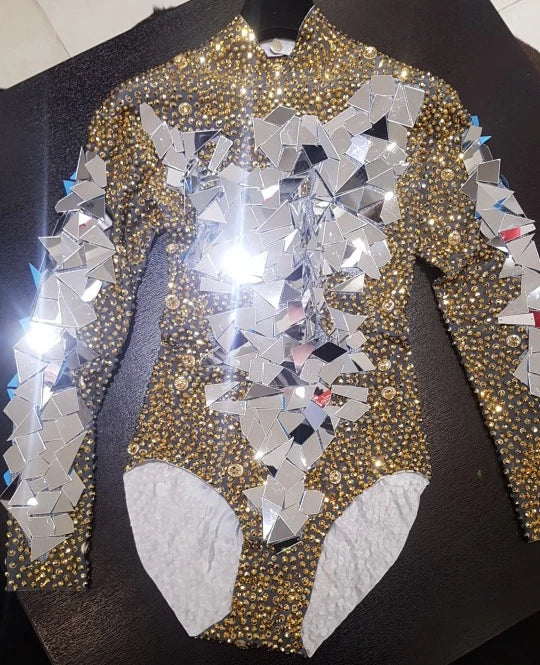 Shining Gold Rhinestones Mirrors Bodysuit Women's Birthday Celebrate