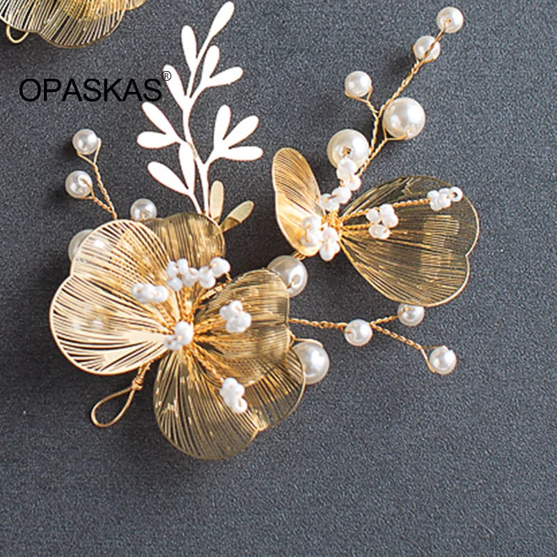 Bride Headbands Tiaras For Women Golden Pearl Flower