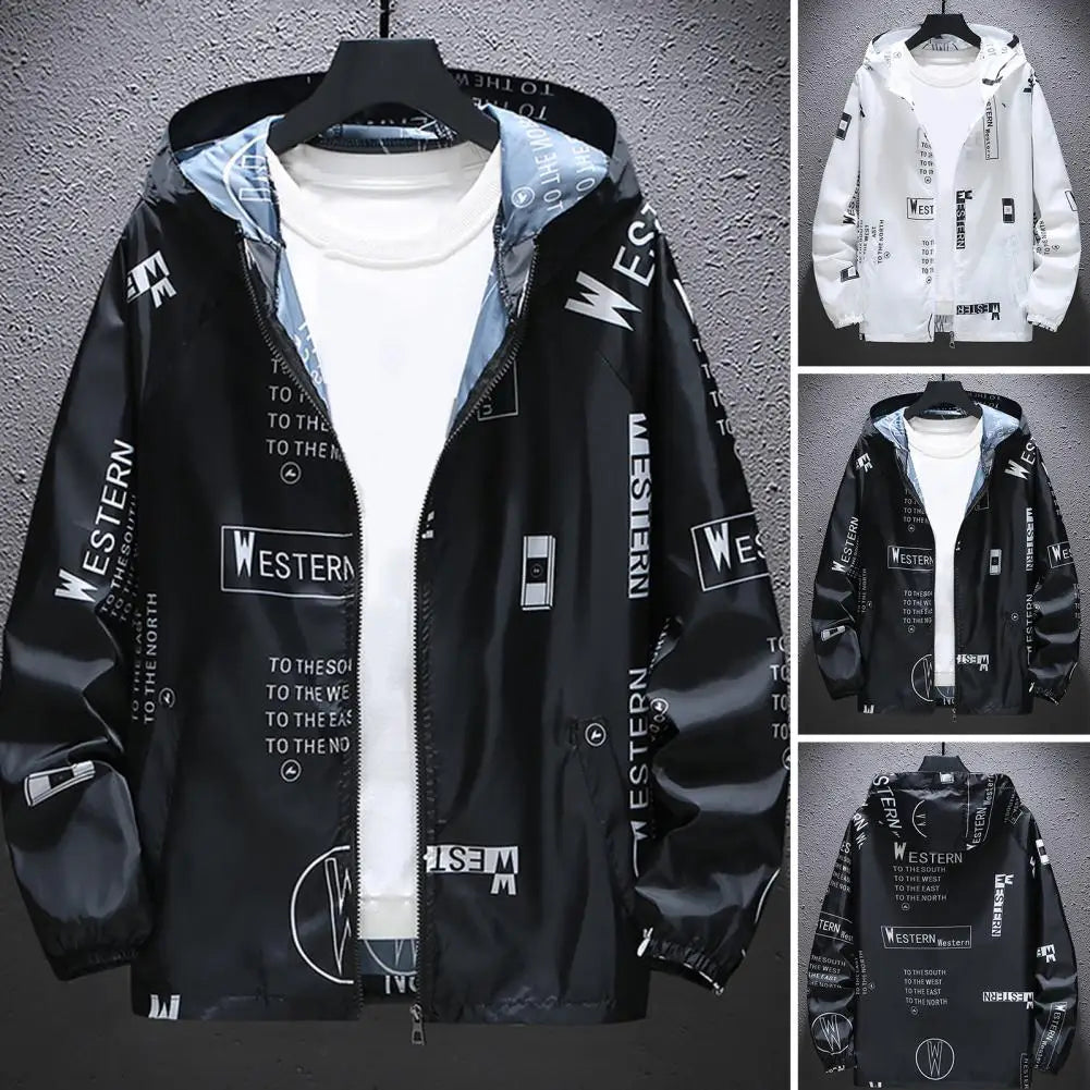 Men Windbreakers Hooded Jacket Zipper Closure Anti-UV Breathable