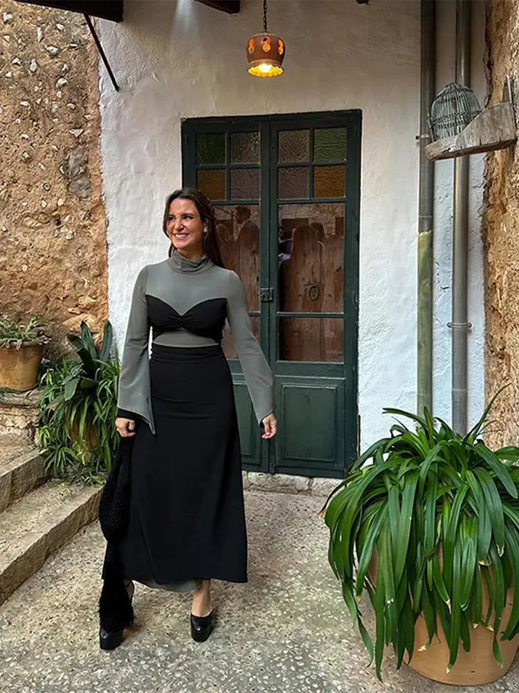 Sexy Patchwork Contrasting Colors Lace Up Dress Women