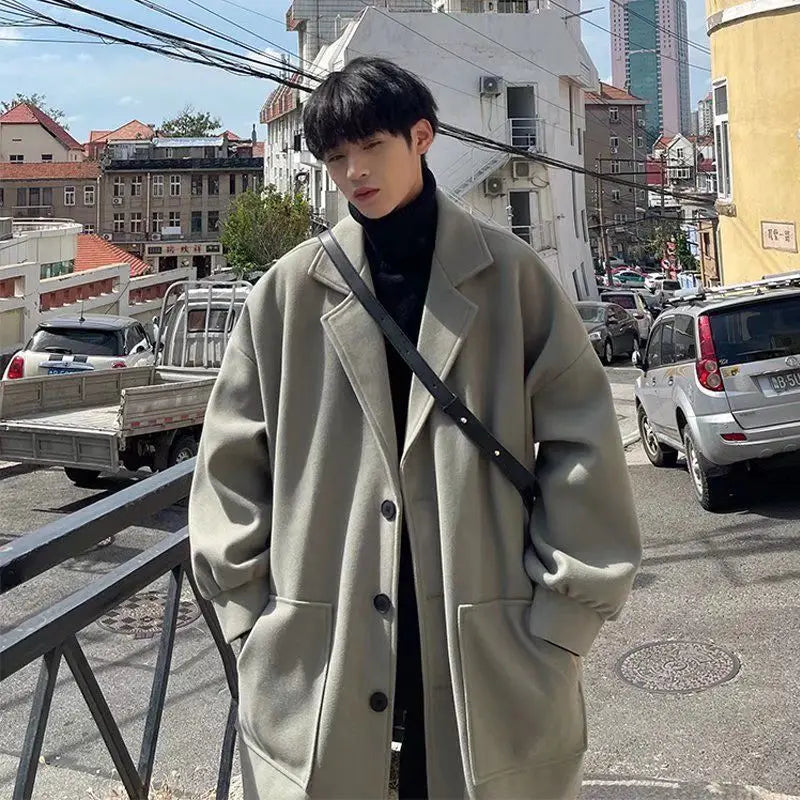 Winter trendy brand single-breasted mid-length woolen coat for