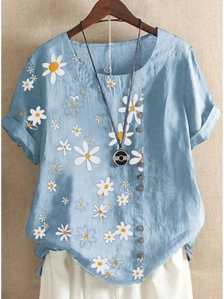 Plus Size DaisyPrint Cotton Linen Shirt Casual Summer