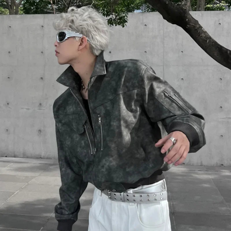 Mens Cropped PU Leather Jacket Fashion Turn-down Collar