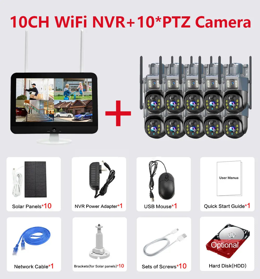 10CH 8MP Wifi Dual Lens PTZ Solar Camera