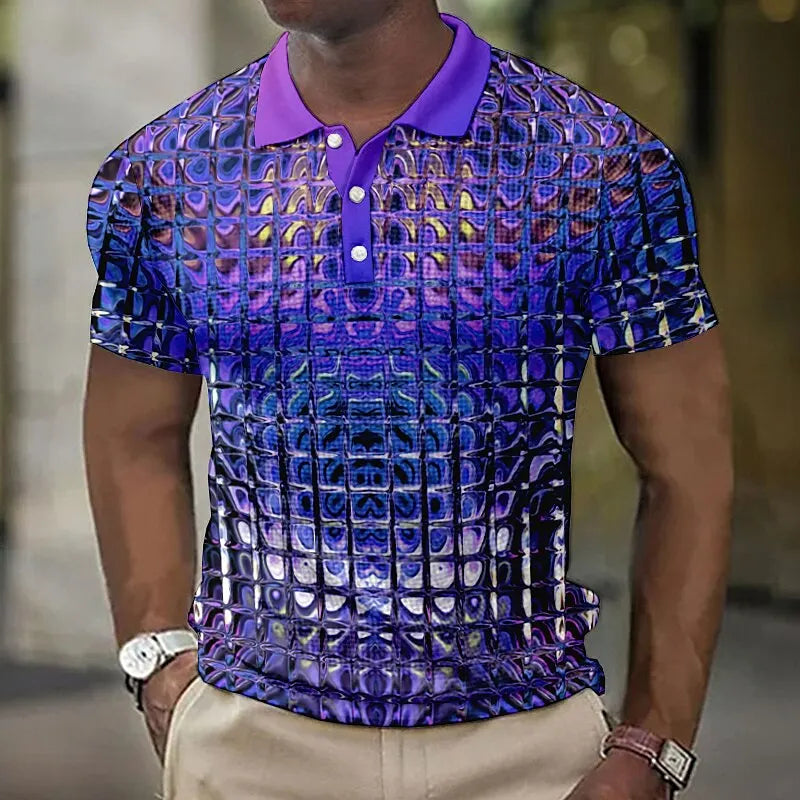 Fashion Men'S Polo Shirts 3d Simulation Metal Plaid