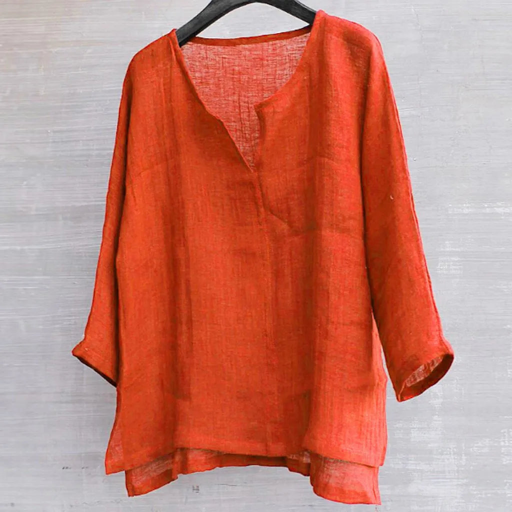 Summer Men Linen Cotton Shirt Orange Black Loose