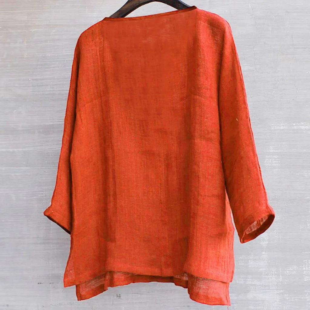 Summer Men Linen Cotton Shirt Orange Black Loose